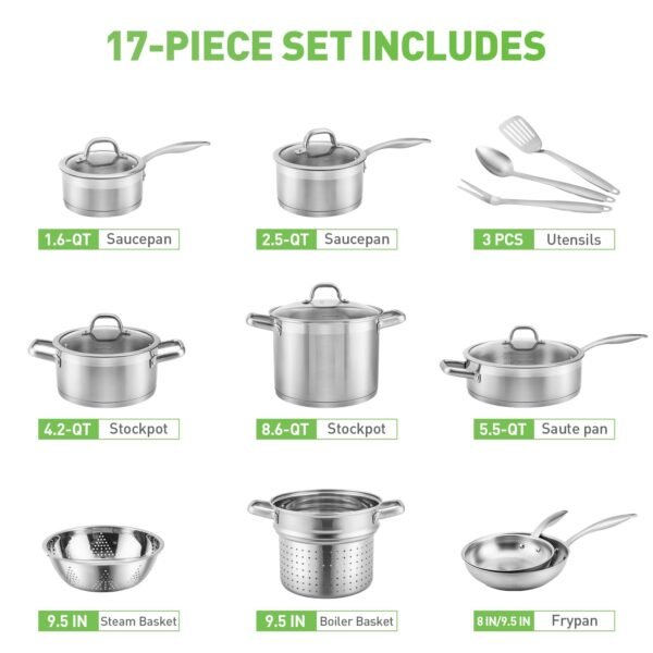 Professional Stainless Steel Pots and Pans Set, 17PC Induction Cookware Set - Image 6