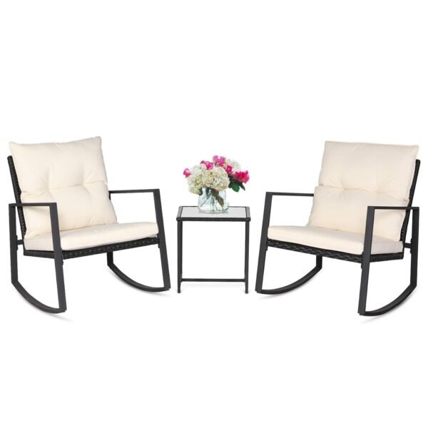 3 Piece Outdoor Rocking Bistro Set Black Wicker Furniture Porch Chairs Conversation Sets