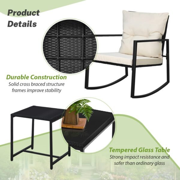 3 Piece Outdoor Rocking Bistro Set Black Wicker Furniture Porch Chairs Conversation Sets - Image 3