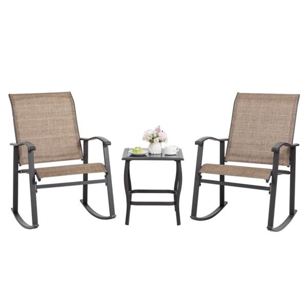 3 Piece Rocking Bistro Set, Outdoor Furniture with Rocker Chairs and Glass Coffee Table Set