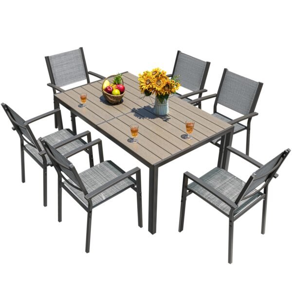 Patio Dining Set 7 Pieces Outdoor Furniture Table and 6 Textilene Chairs, Light Grey