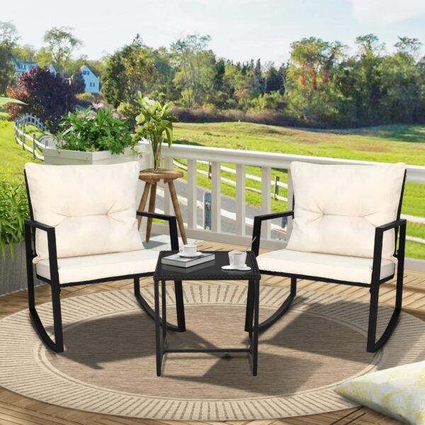 3 Piece Outdoor Rocking Bistro Set Black Wicker Furniture Porch Chairs Conversation Sets - Image 7