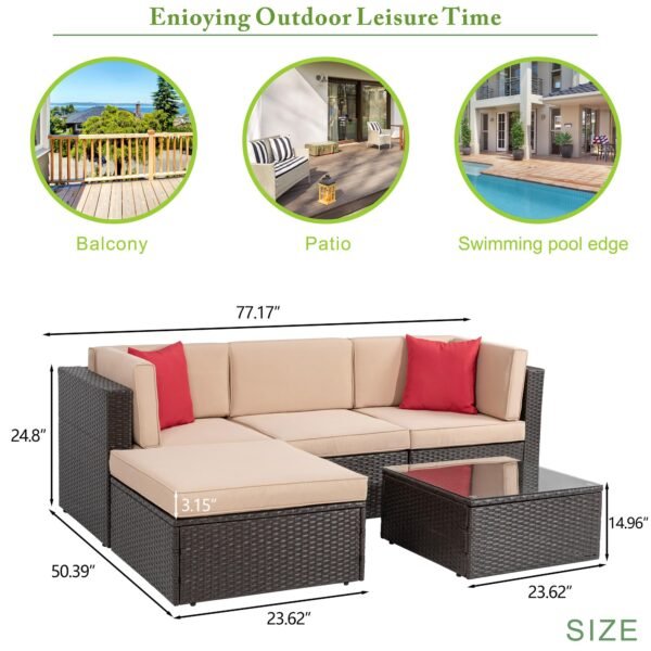 5 Piece Patio Furniture Sets, All-Weather Brown PE Wicker Outdoor Couch Sectional Set - Image 6