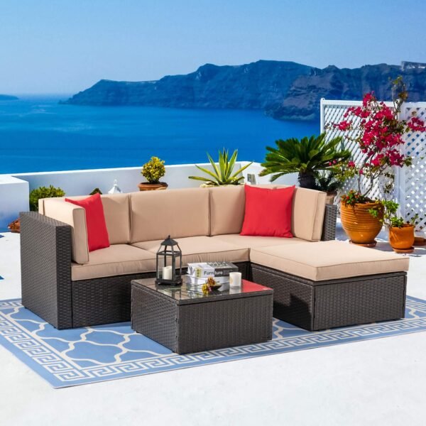 5 Piece Patio Furniture Sets, All-Weather Brown PE Wicker Outdoor Couch Sectional Set - Image 8