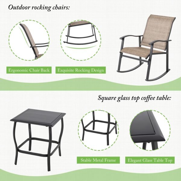 3 Piece Rocking Bistro Set, Outdoor Furniture with Rocker Chairs and Glass Coffee Table Set - Image 4