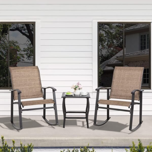 3 Piece Rocking Bistro Set, Outdoor Furniture with Rocker Chairs and Glass Coffee Table Set - Image 7