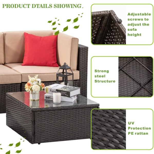 5 Piece Patio Furniture Sets, All-Weather Brown PE Wicker Outdoor Couch Sectional Set - Image 4