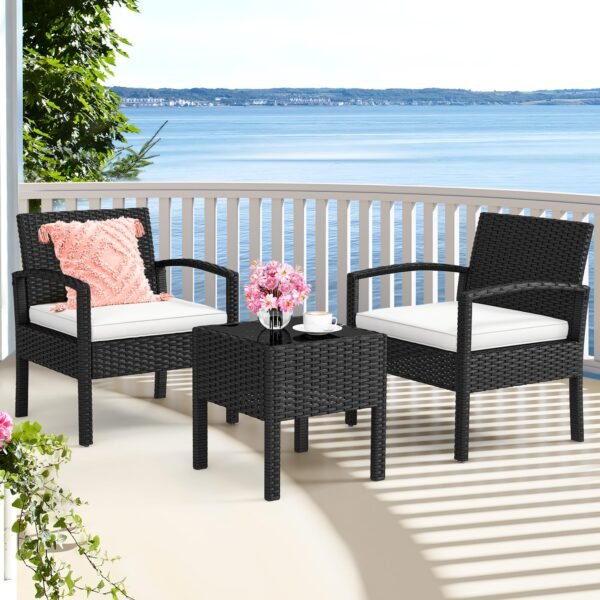 3-Piece Outdoor Patio Furniture Wicker Bistro Set, All-Weather Rattan Conversation Chairs