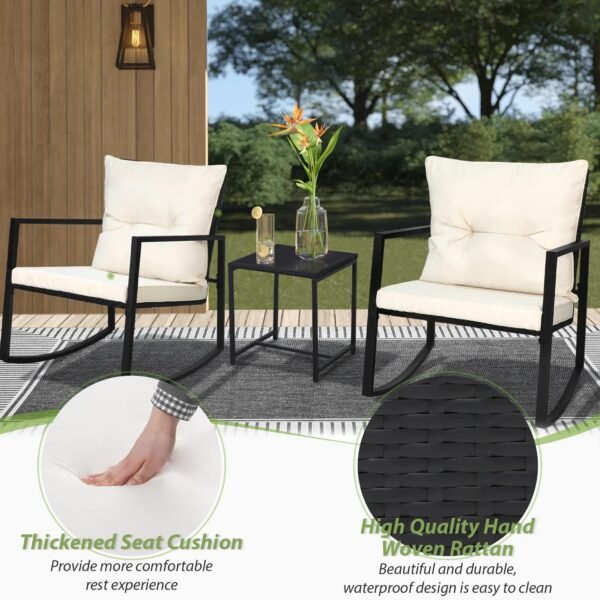 3 Piece Outdoor Rocking Bistro Set Black Wicker Furniture Porch Chairs Conversation Sets - Image 5