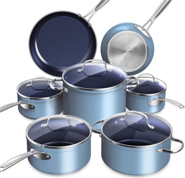 Healthy Duralon Blue Ceramic Nonstick Cookware Set, Diamond Infused Scratch-Resistant