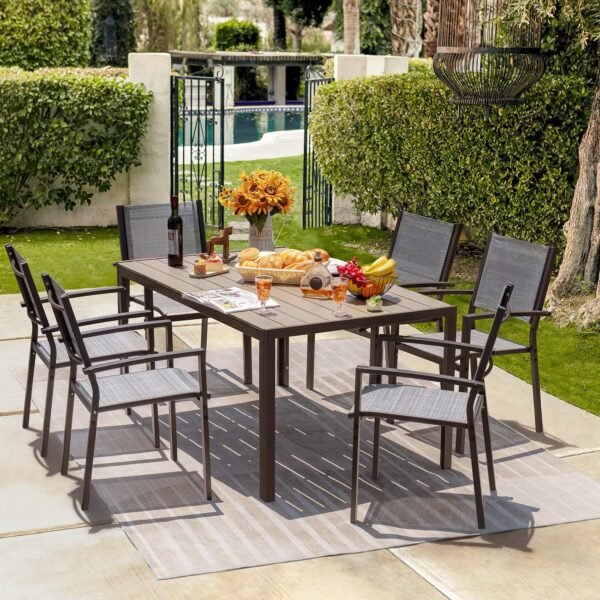 Patio Dining Set 7 Pieces Outdoor Furniture Table and 6 Textilene Chairs, Light Grey - Image 7