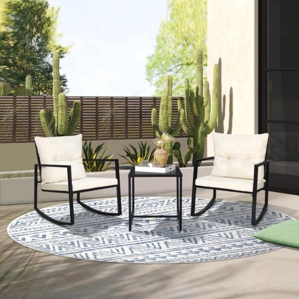 3 Piece Outdoor Rocking Bistro Set Black Wicker Furniture Porch Chairs Conversation Sets - Image 8