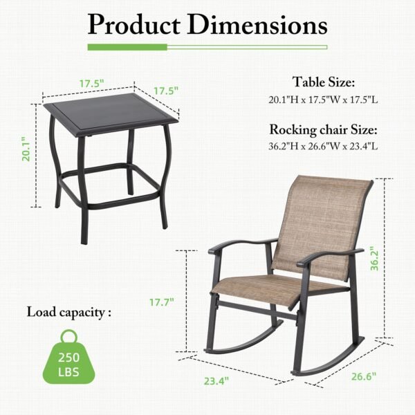 3 Piece Rocking Bistro Set, Outdoor Furniture with Rocker Chairs and Glass Coffee Table Set - Image 3