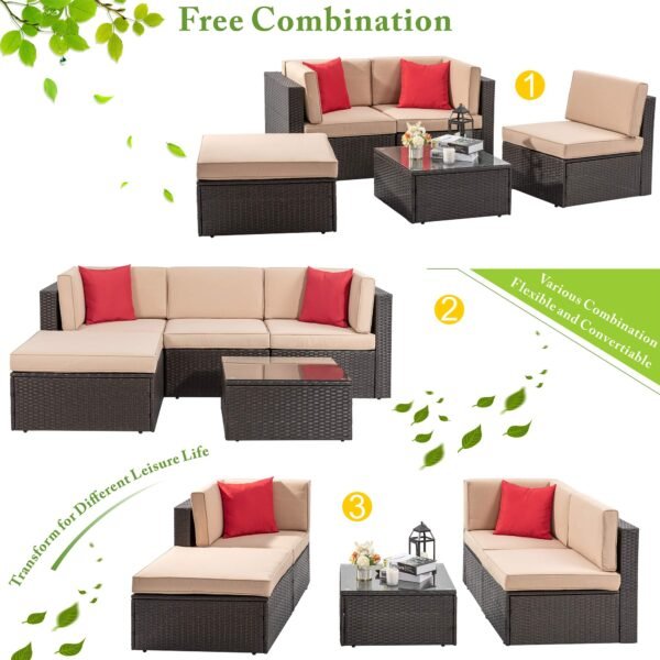 5 Piece Patio Furniture Sets, All-Weather Brown PE Wicker Outdoor Couch Sectional Set - Image 5