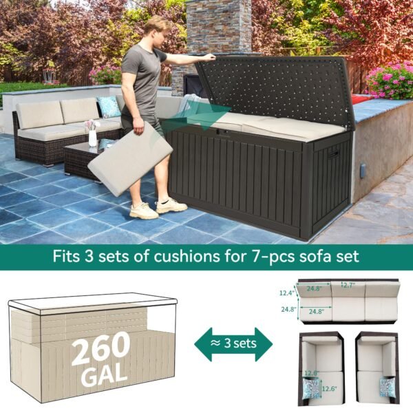 260 Gallon Extra Large Deck Box, Double-Wall Resin Outdoor Storage Box - Image 3