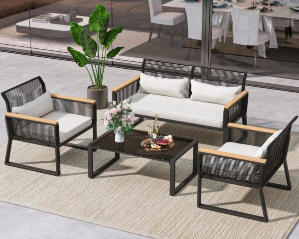 4-Piece Patio Furniture Wicker Outdoor Bistro Set - Black