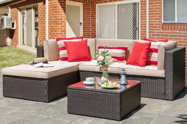 5 Piece Patio Furniture Sets, All-Weather Brown PE Wicker Outdoor Couch Sectional Set