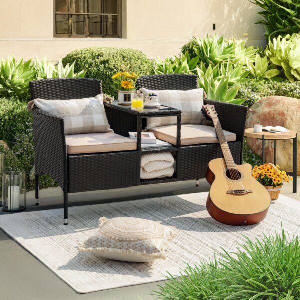 Outdoor Patio Loveseat Modern Rattan 2-Seat Patio Conversation Set - Image 3