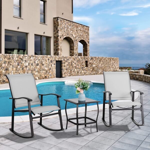 3 Piece Outdoor Rocking Bistro Set, Textilene Fabric Small Patio Furniture Set - Image 9