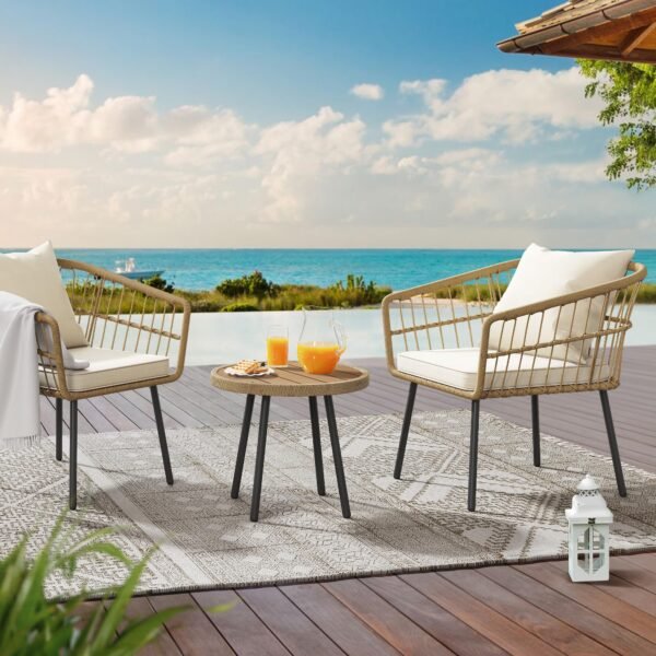 3 Pieces Outdoor Wicker Patio Conversation Bistro Set, All-Weather Rattan Patio Furniture Set - Image 2