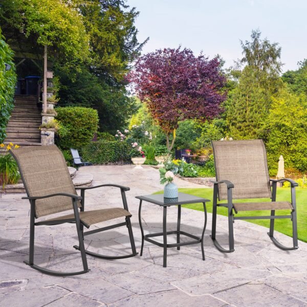 3 Piece Rocking Bistro Set, Outdoor Furniture with Rocker Chairs and Glass Coffee Table Set - Image 2